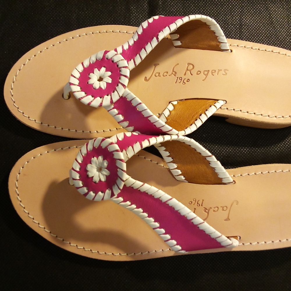Jack Rogers - # 1 NWT, Pink & White Leather Thong Style Sandals, Size 7 M,
